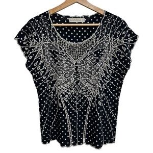 Sugarhill Boutique Polka Dot Butterfly Blouse Top Women 6 Embroidery Cut Outs